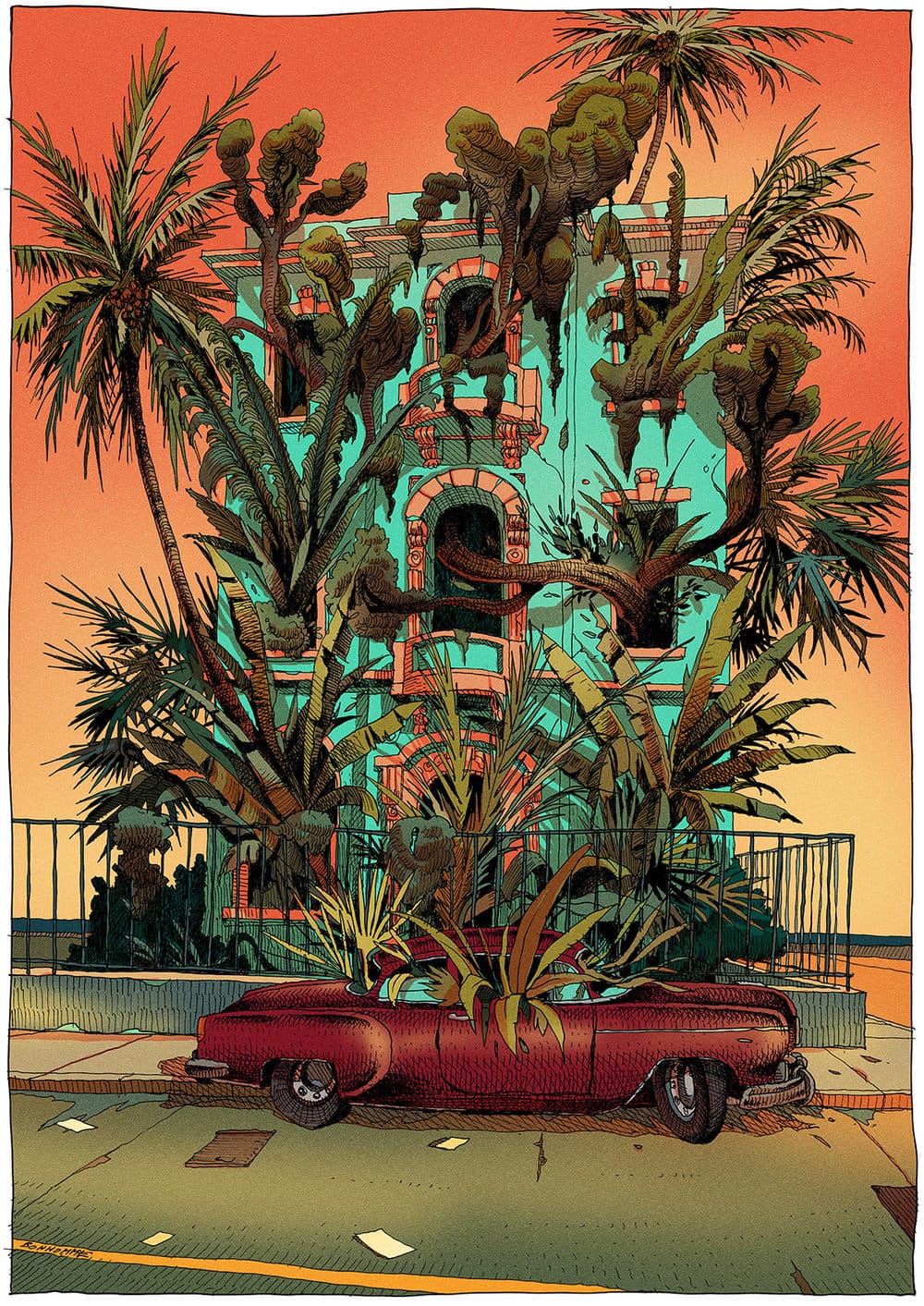 Illustration d'Olivier Bonhomme où une maison et une voiture sont envahies par la végétation.