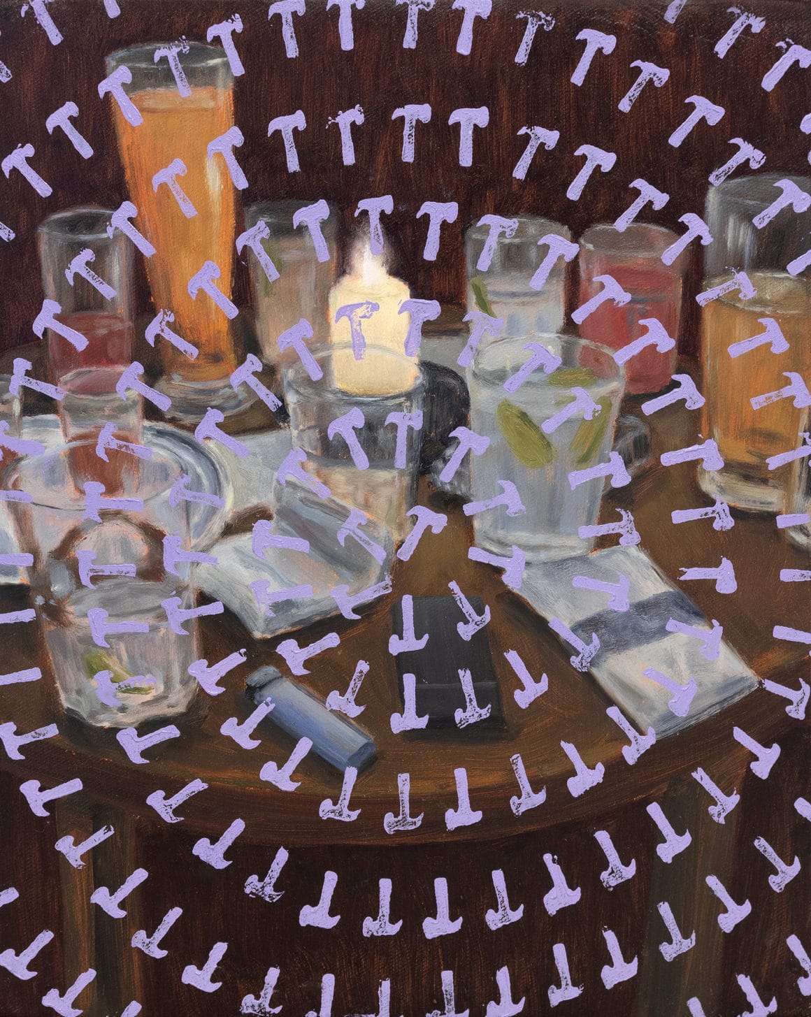 peinture Adam Lupton, table remplie de verre avec patern répétitif violet