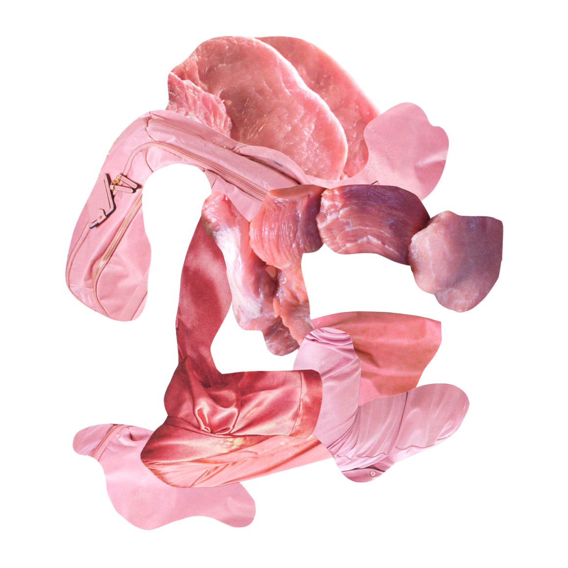 Collage à partir d'images de viande et d'objets en cuir lisse rose. 