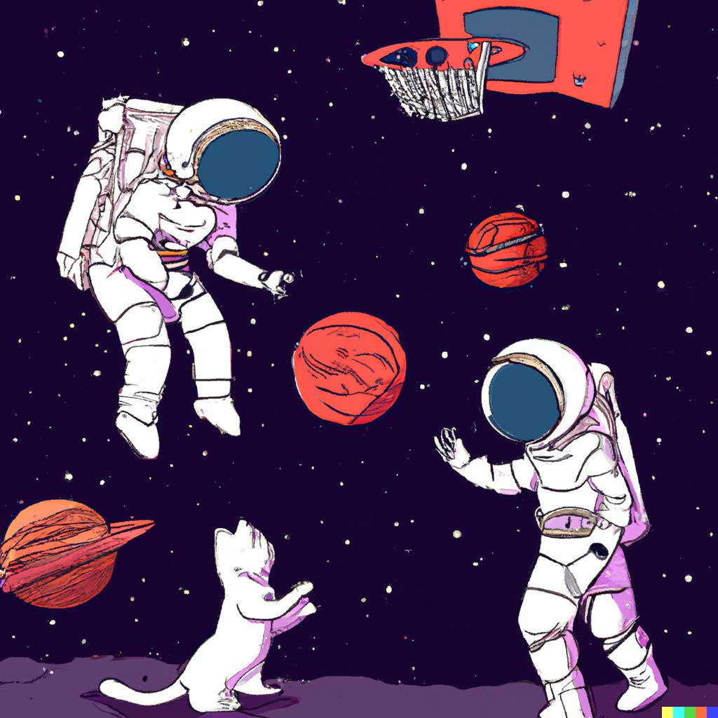 Des astronautes qui jouent au basket avec un chat
