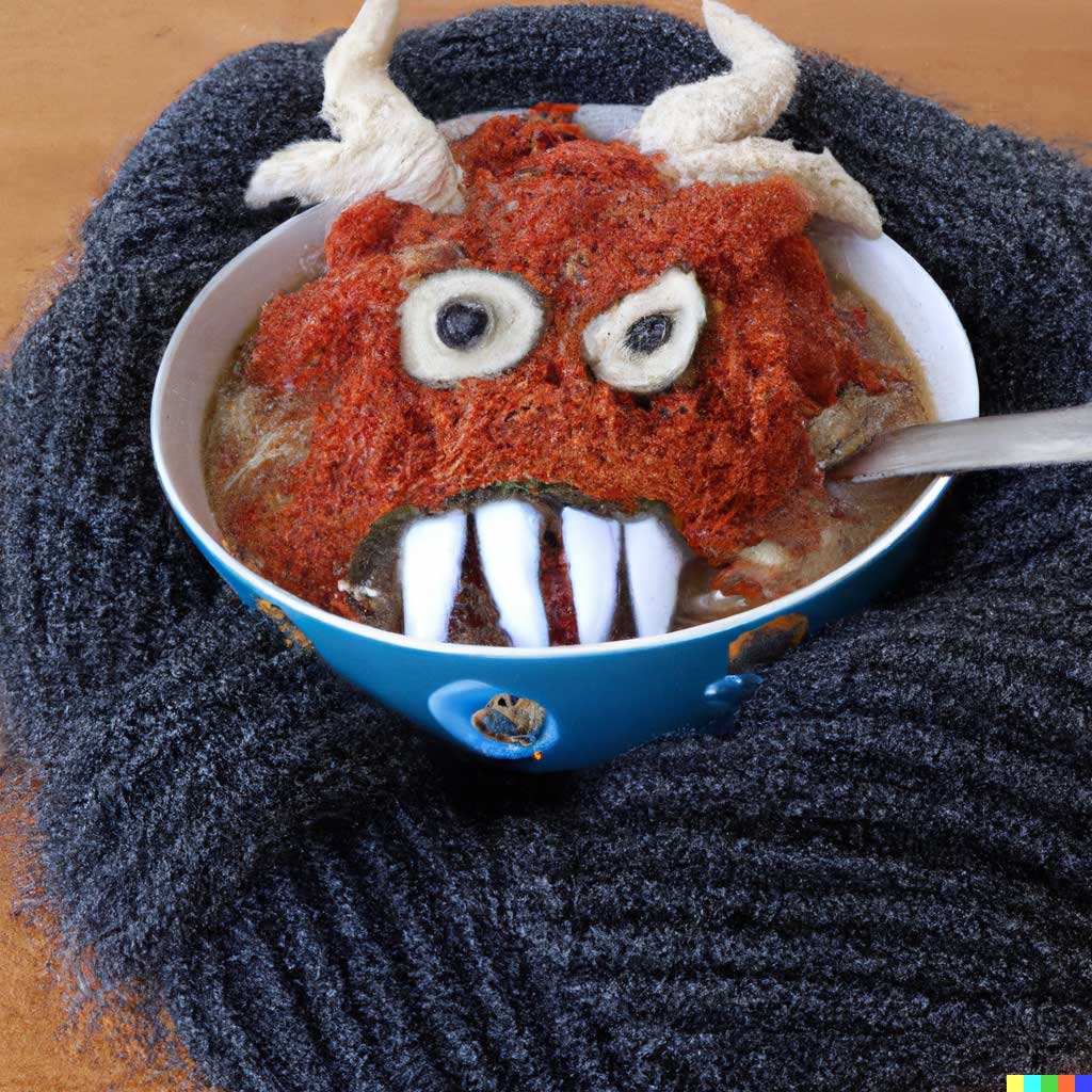 Image crée par l'intelligence artificielle d'un monstre tricoté en laine