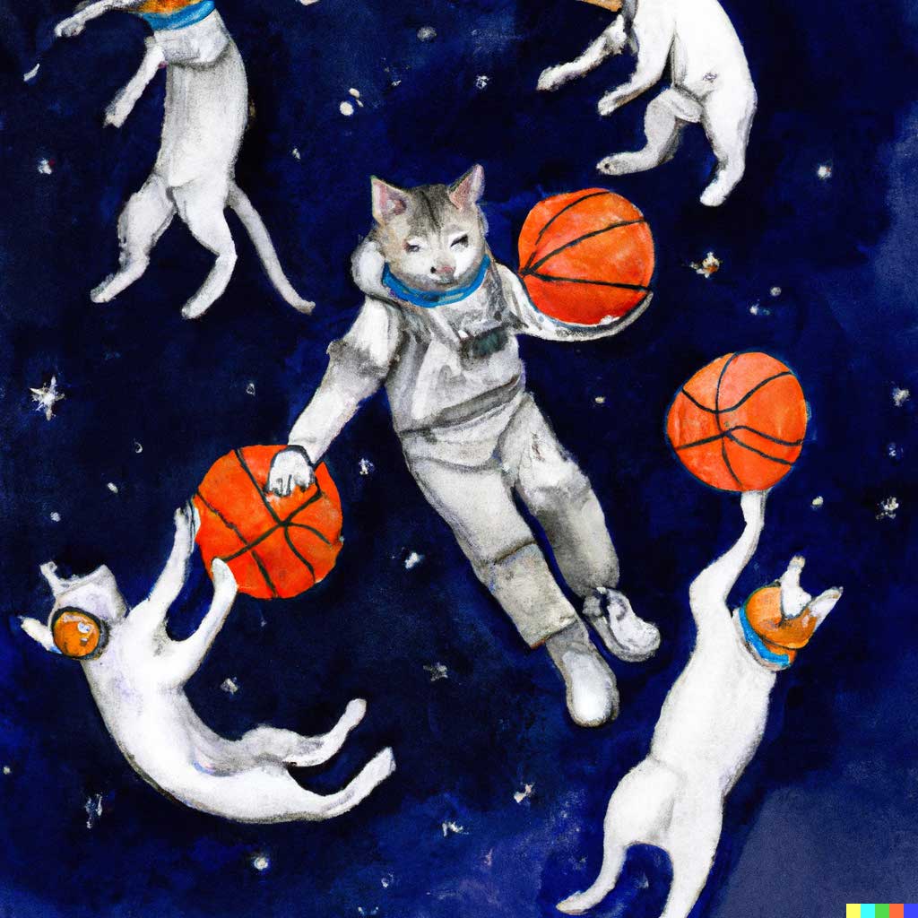 des chats jouent au basket dans l'espace 
