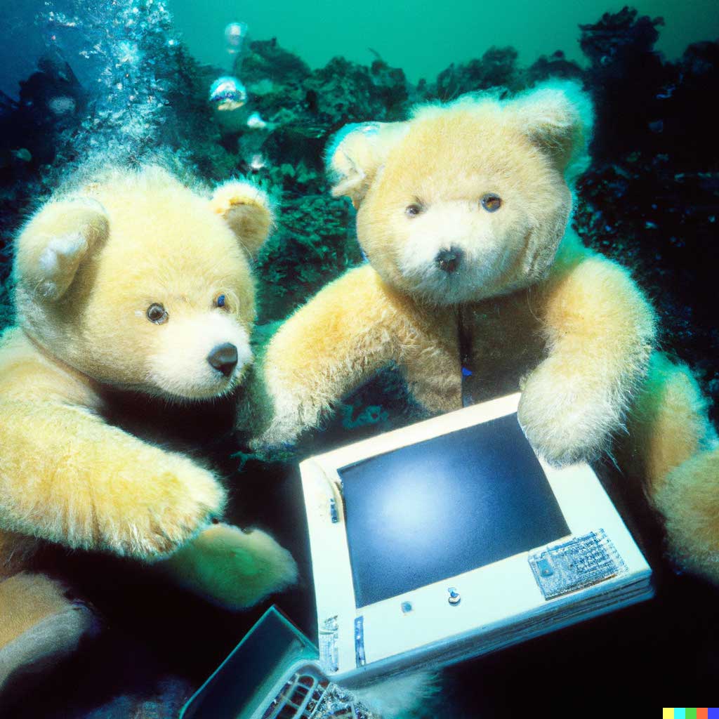 Ours en peluche sous l'eau qui travaillent sur une nouvelle IA avec du matériel des années 90