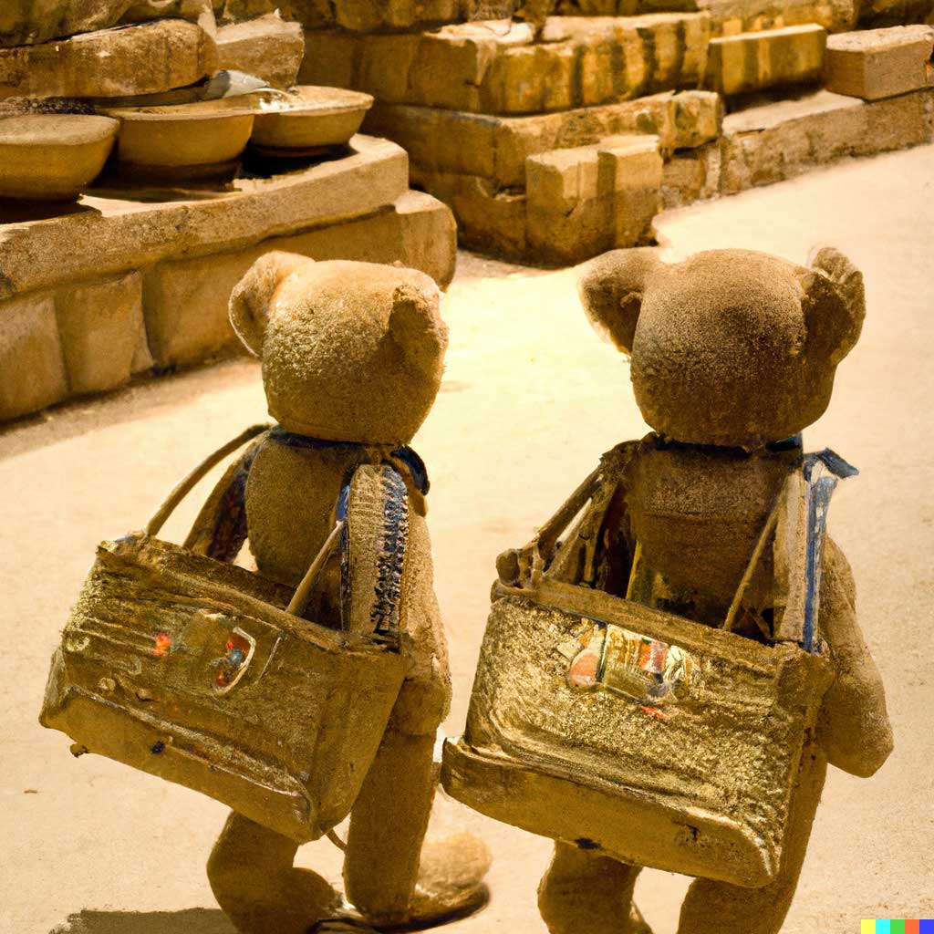 Deux ours en peluche font leurs courses dans l'Egypte antique