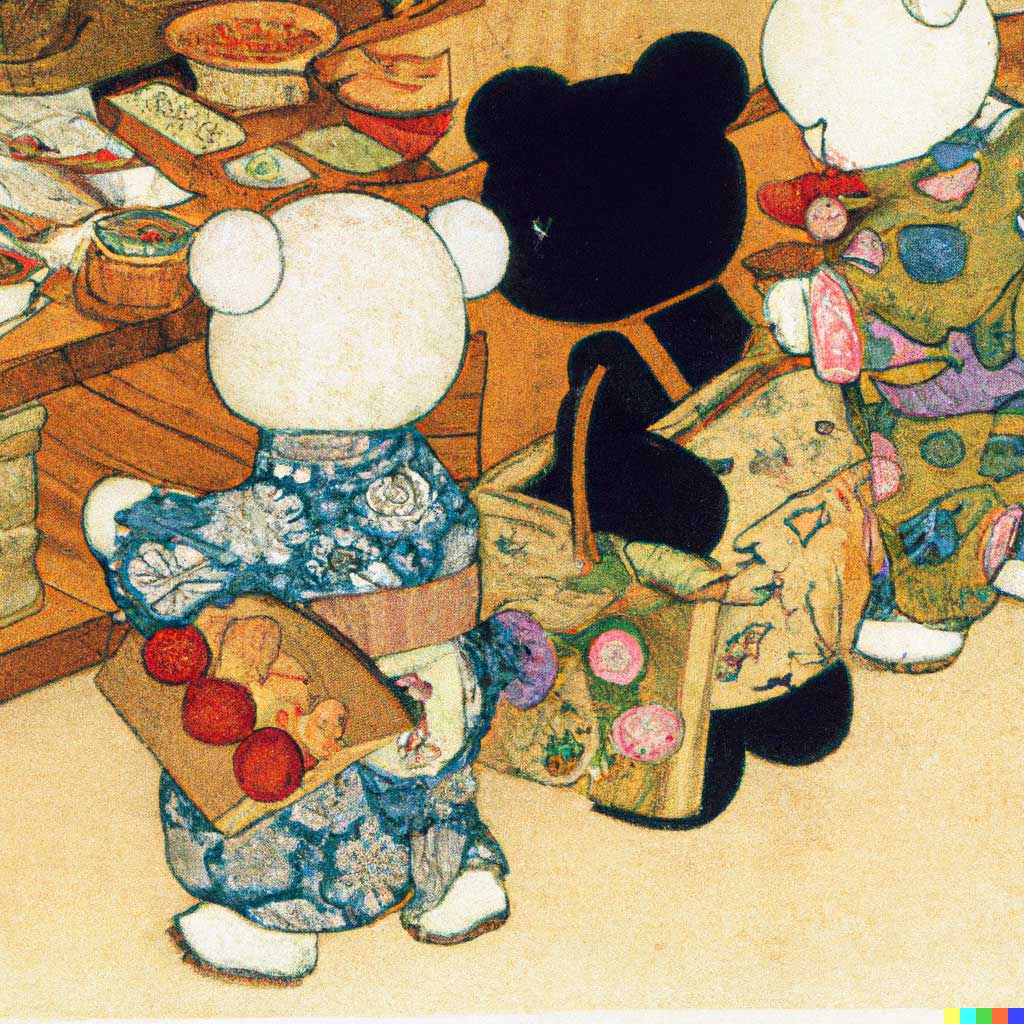 DEs ours habillés en costumes traditionnels japonais qui font leurs courses