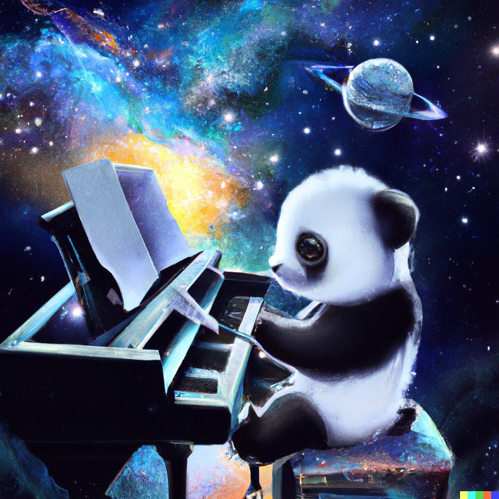 Bébé panda qui joue du piano entre deux planètes