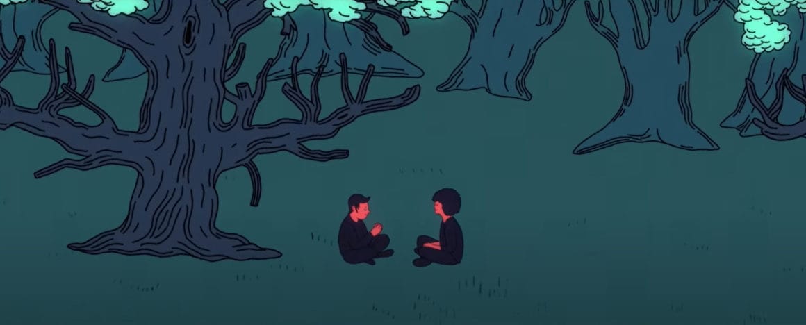 Deux jeunes personnages assis dans l'herbe dans le court-métrage de Elephant Stone