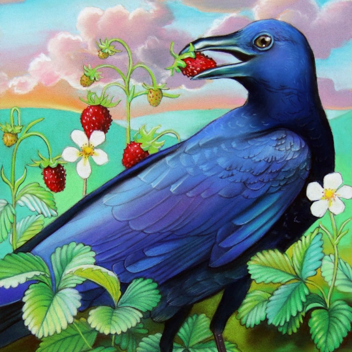 Peinture d'Emma Steinkraus - oiseau bleu avec une fraise dans le bec.