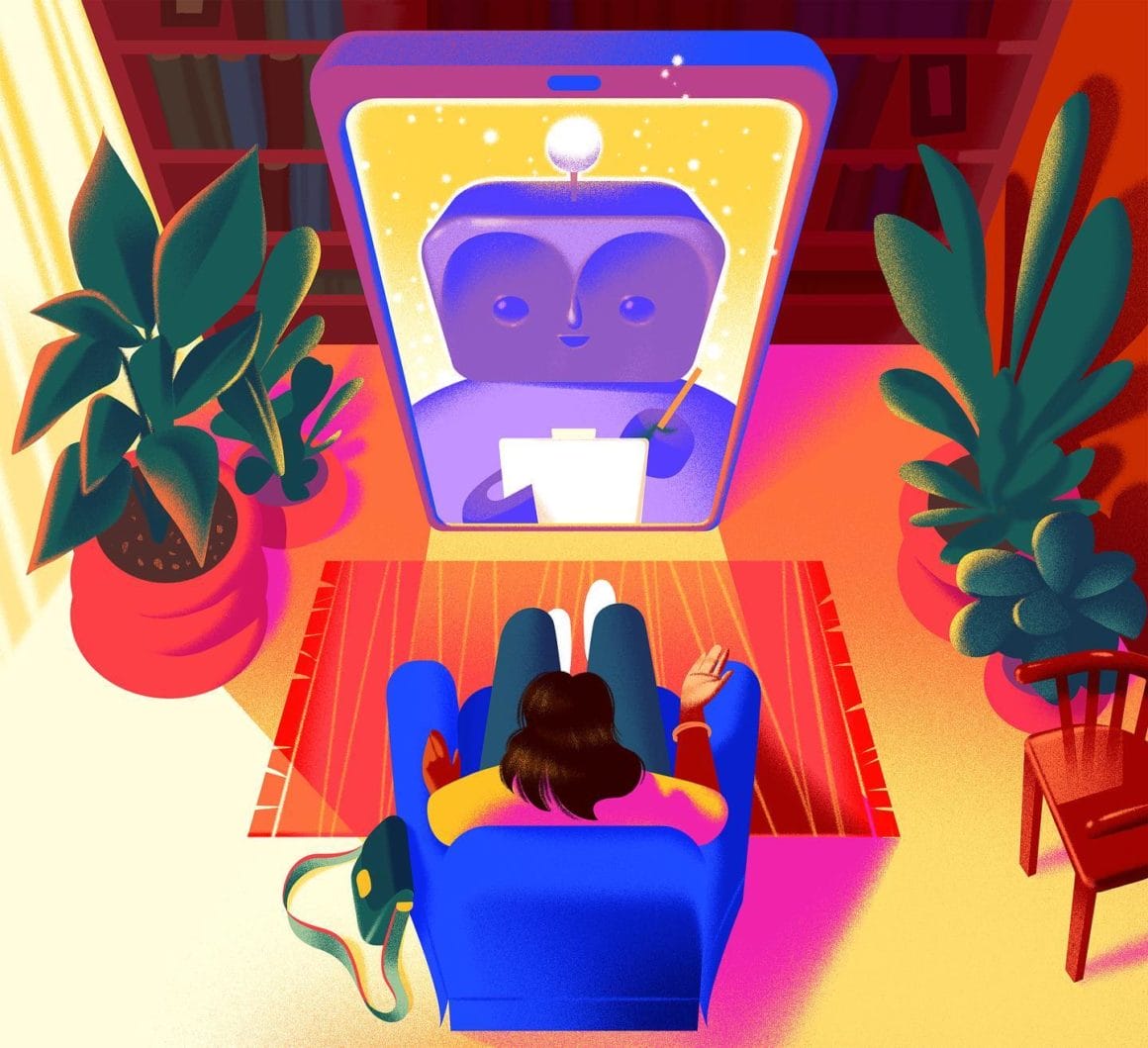 Un personnage fait face à un écran géant dans son salon - ensemble coloré