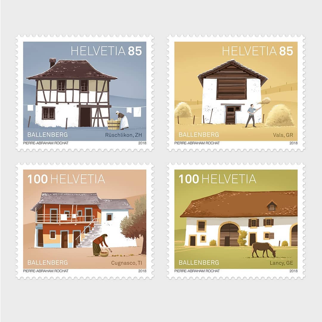 Série de timbres réalisé pour la Fondation Ballenberg par Pierre Abraham Rochat
