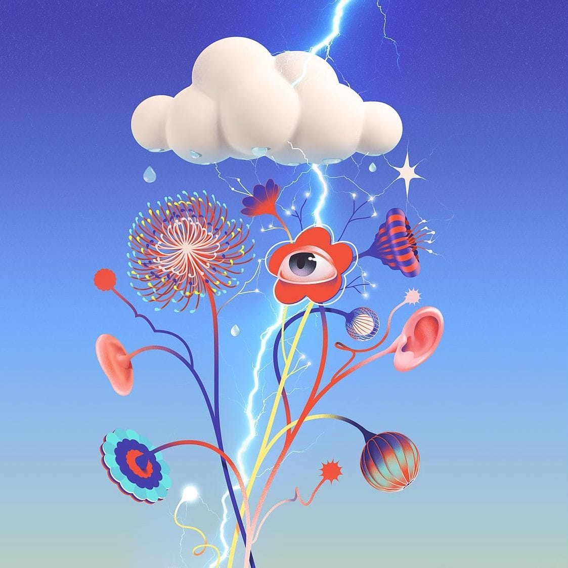 Illustration colorée représentant des fleurs, un nuage et un éclair, le tout dans un univers psychédélique