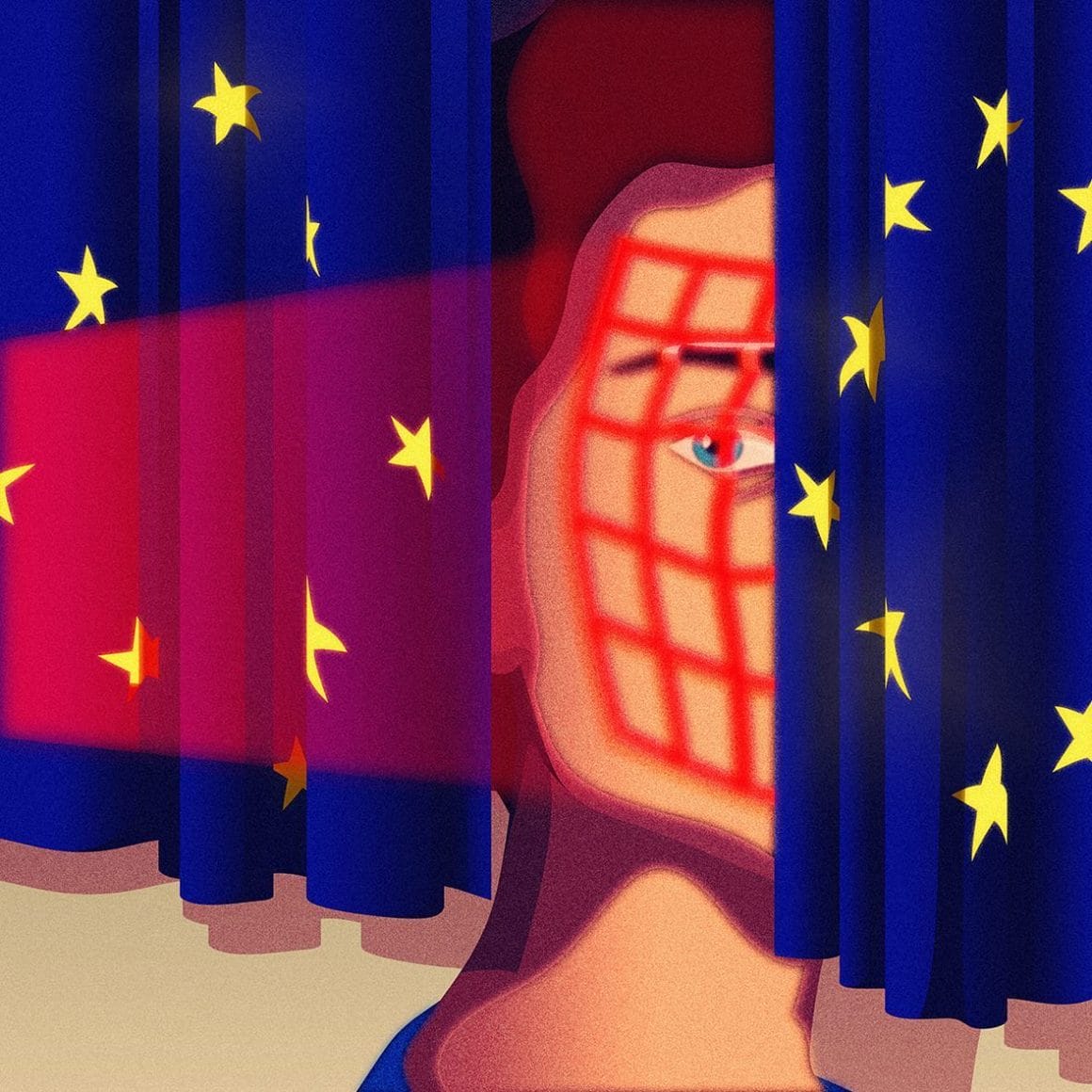 Le visage d'une femme est analysé aux rayons X entre 2 drapeaux européens