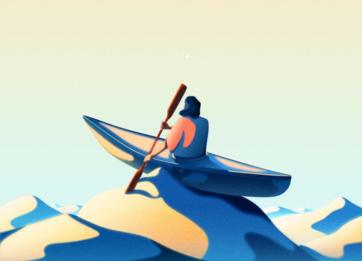 Illustration d'un homme sur un canoe sur fond beige