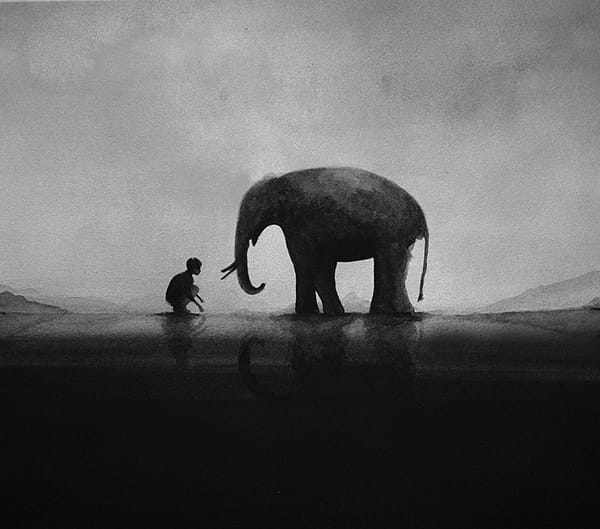 Peinture aquarelle d'un enfant et d'un éléphant par l'artiste Elicia Edijanto