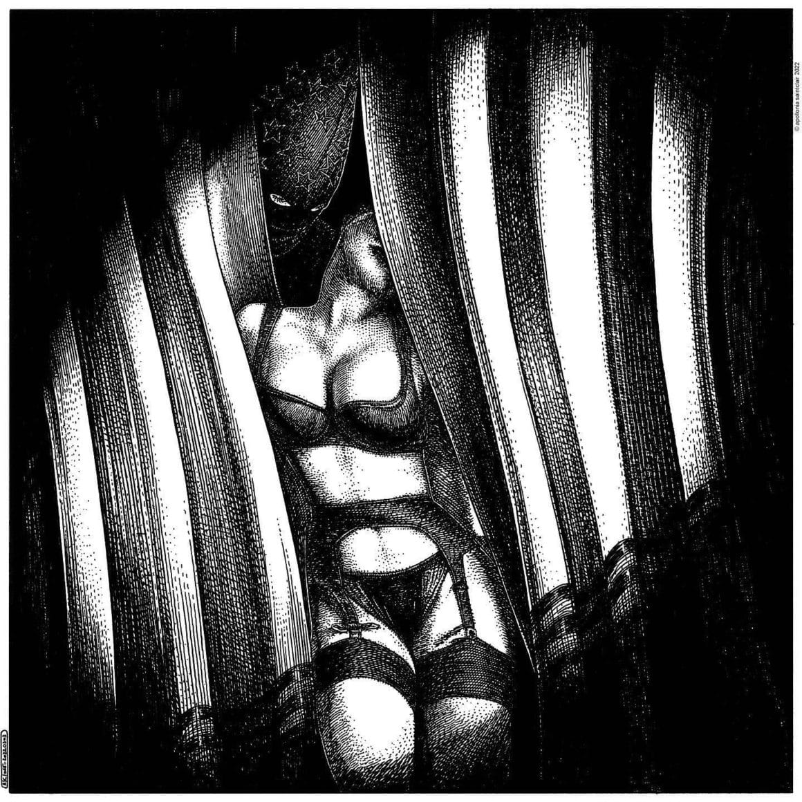 Femme en sous-vêtements enlisée dans tes rideaux (dessin en noir et blanc)