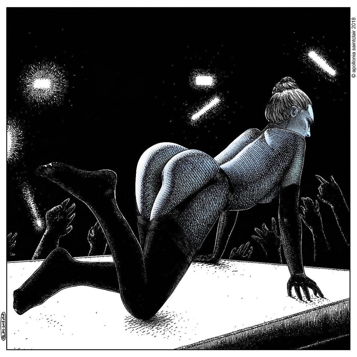 Femme sur les genoux presque nue - dessin en noir et blanc