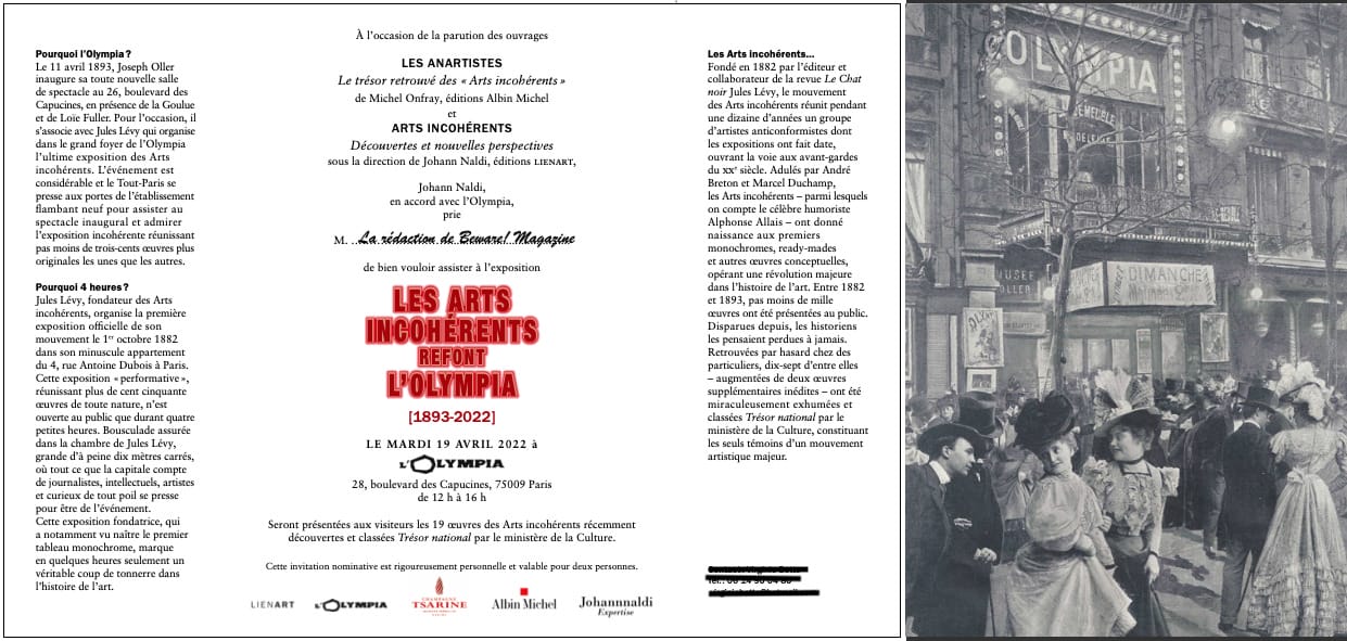 invitation à l’exposition «Les Arts incohérents refont l’Olympia"