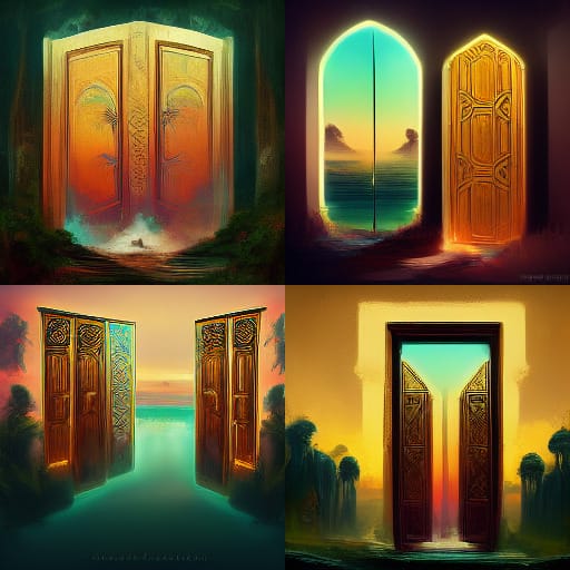 Des portes s'ouvrent sur un paysage paradisiaque. 