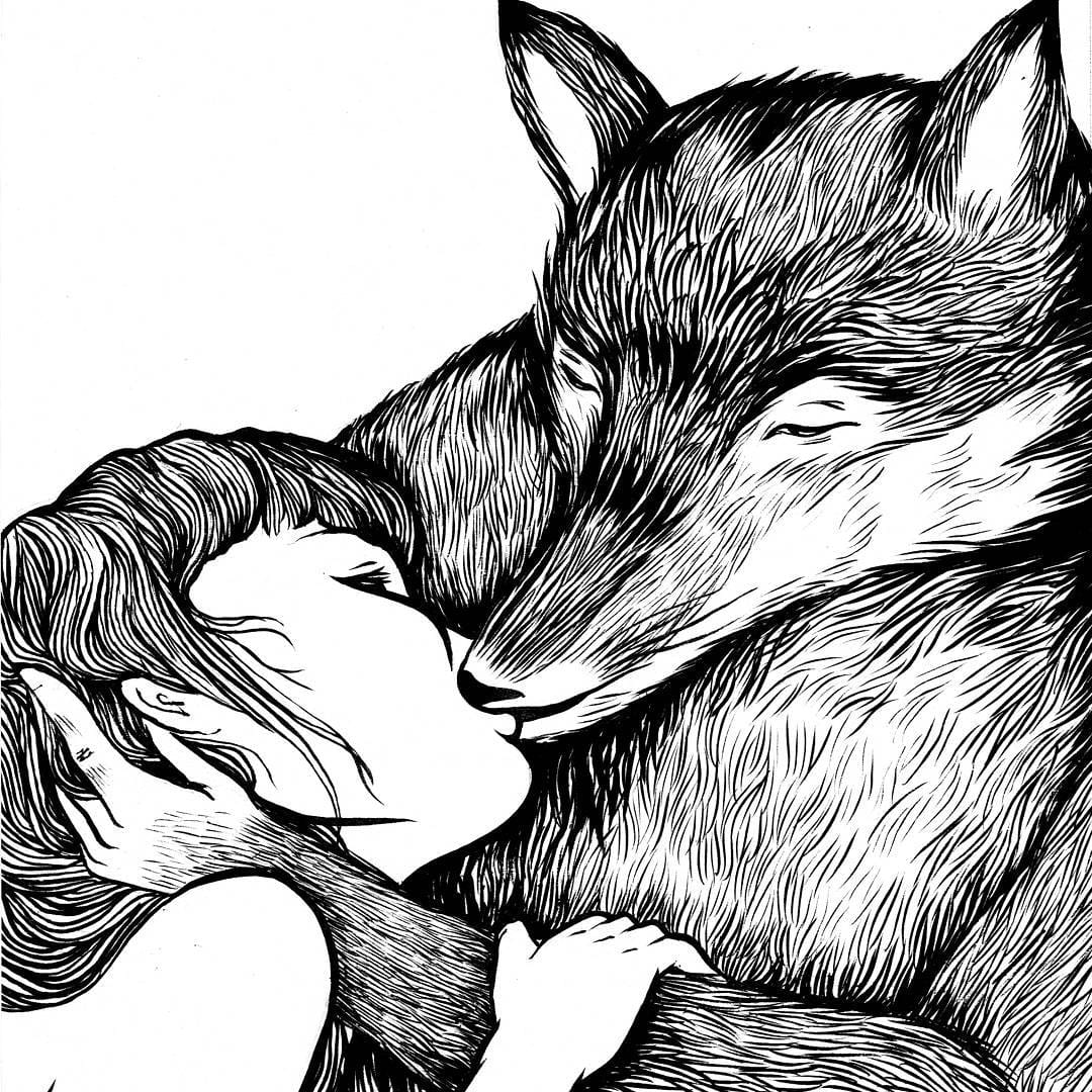 Ce dessin en noir et blanc représente une femme embrassant un loup.