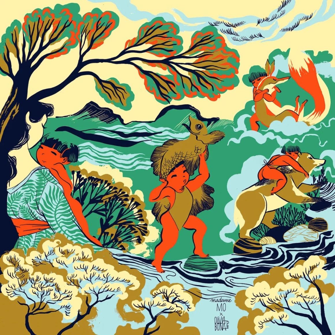 Cette illustration colorée représente des femmes avec toutes sortes d'animaux, l'une avec un ours, une autre avec un poisson ou encore une avec un renard.
