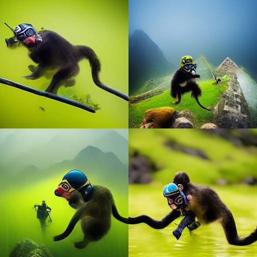 Un primate s'entraîne à la plongée devant le Machu Picchu. 