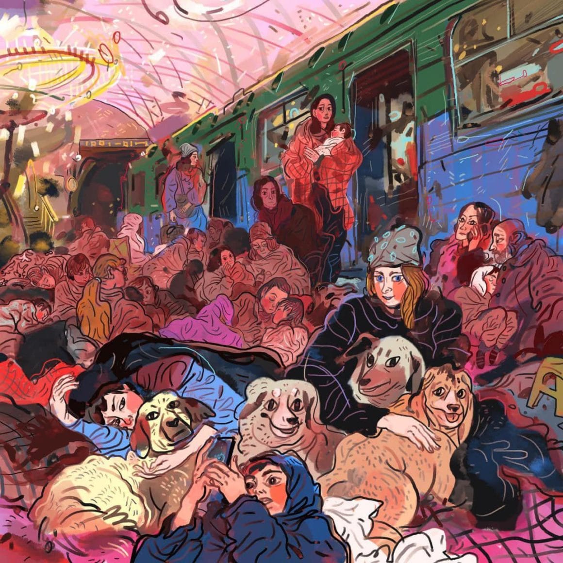 "24 mars, Kharkiv. Mes amis et toute leur famille, avec des enfants nouveau-nés et des animaux domestiques, ont vécu à la station de métro pendant plus d'un mois. Ils cuisinaient sur le quai et dormaient dans les wagons"