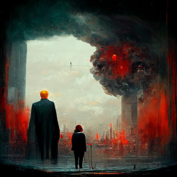Deux personnages contemplent une scène apocalyptique
