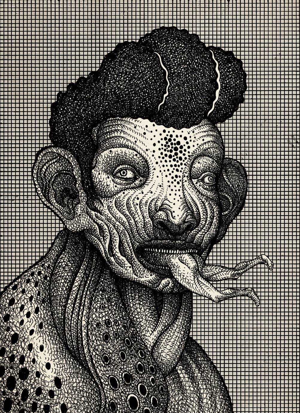 Cette illustration représente un homme avec des yeux de serpents et une l'impression d'une langue de serpent qui est en fait le bas de corps de quelqu'un que l'homme est en train de manger.