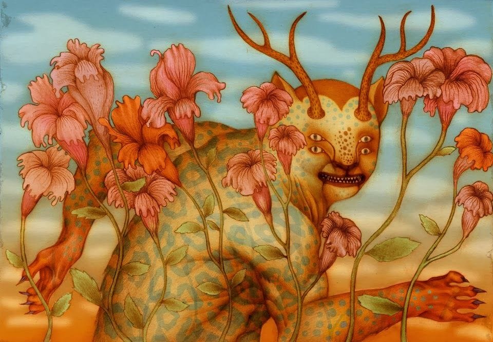 Cette illustration représente une bête à 4 yeux entourée de fleurs.