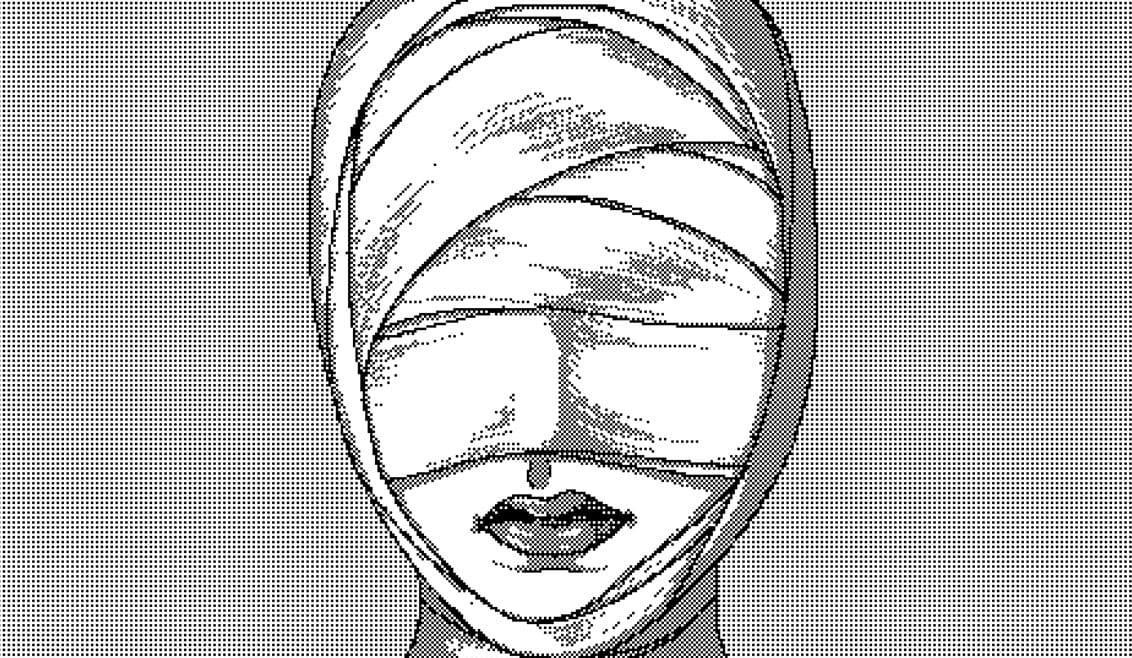 Ce pixel art de Mattis Dovier représente un femme avec des bandages autour de la tête comme une momie, seulement la buche apparaît.