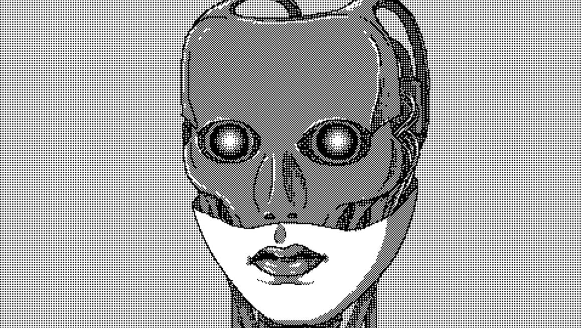 Ce pixel art représente un personnage moitié femme moitié robot, seul le bas du visage est humain.