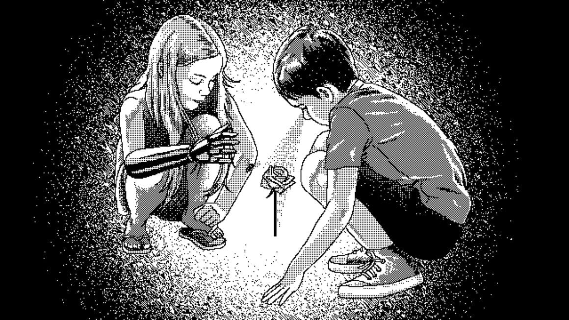 Ce pixel art représente deux enfants, une fille et un garçon, qui s'apprêtent à cueillir une rose.
