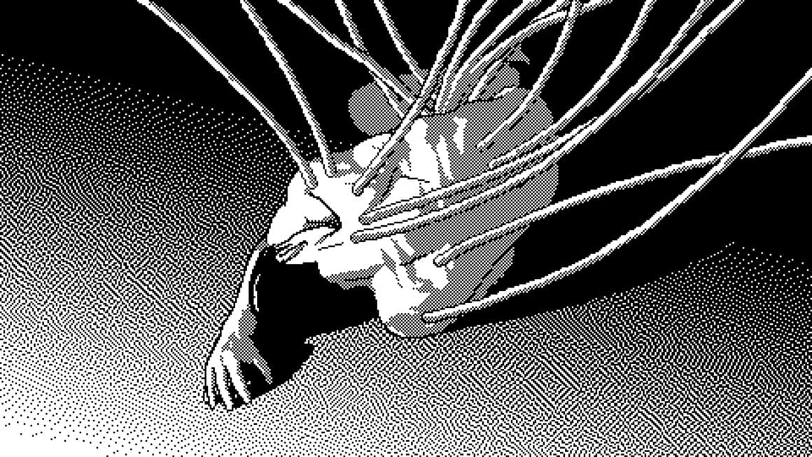 Ce pixel art représente un homme par terre en position fœtale qui a de nombreux câbles accrochés dans son dos.