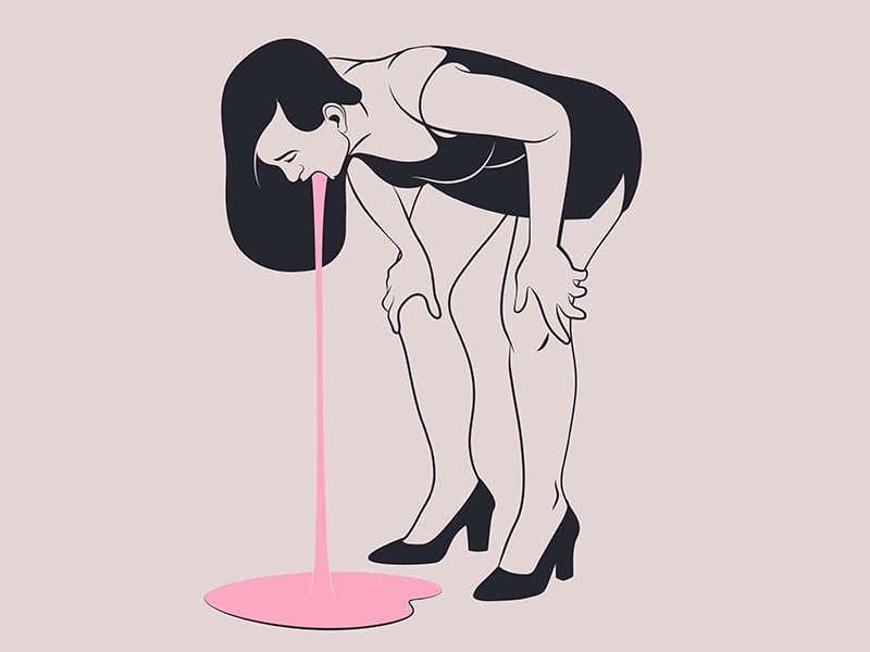 Cette œuvre représente une femme en train de vomir rose.