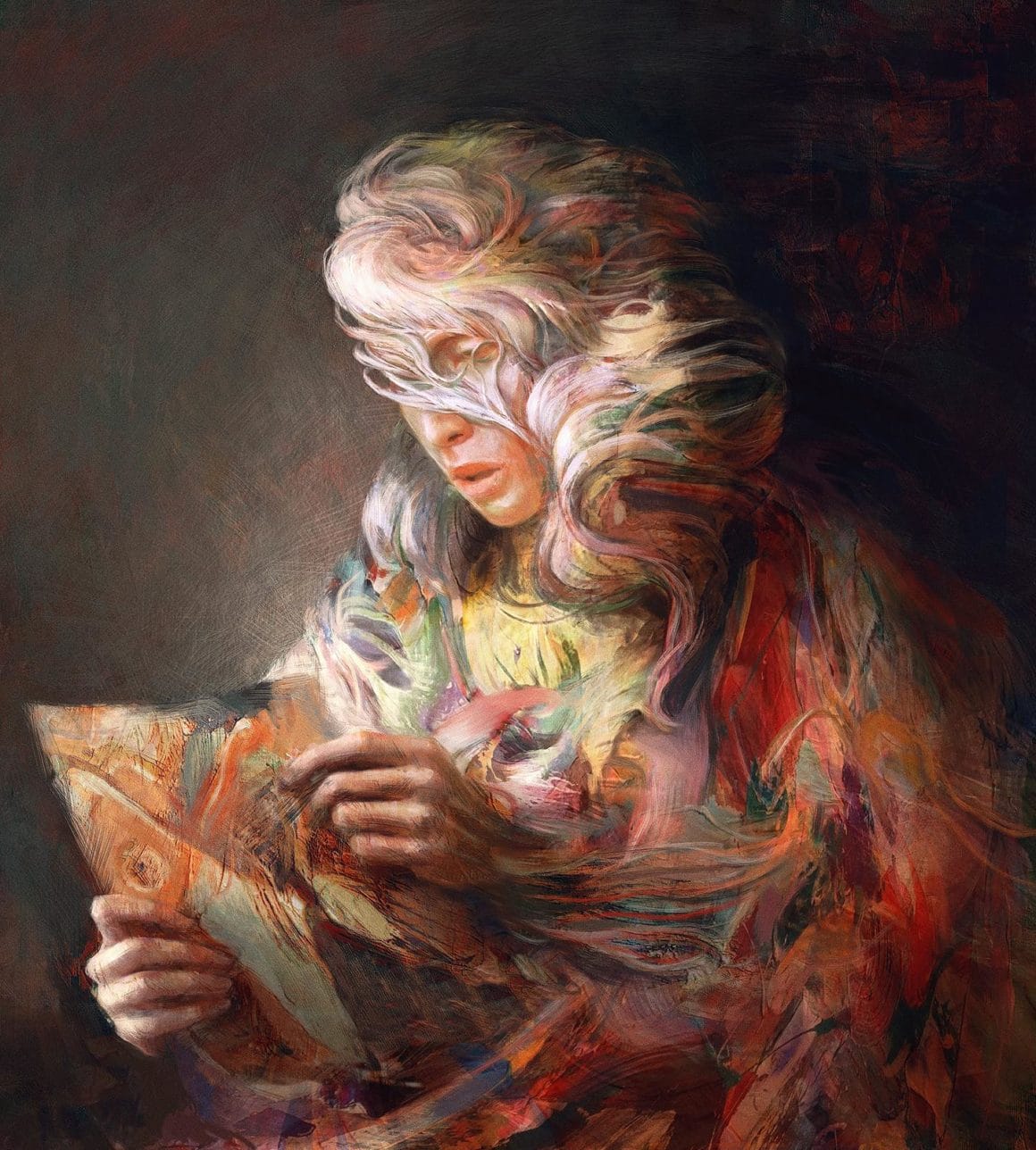 Jeune fille qui lit un livre infini, peinture digitale par Jenni Pasanen