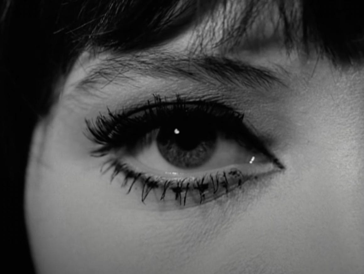Zoom sur l'oeil perçant et maquillée de mâcha Méril en noir et blanc