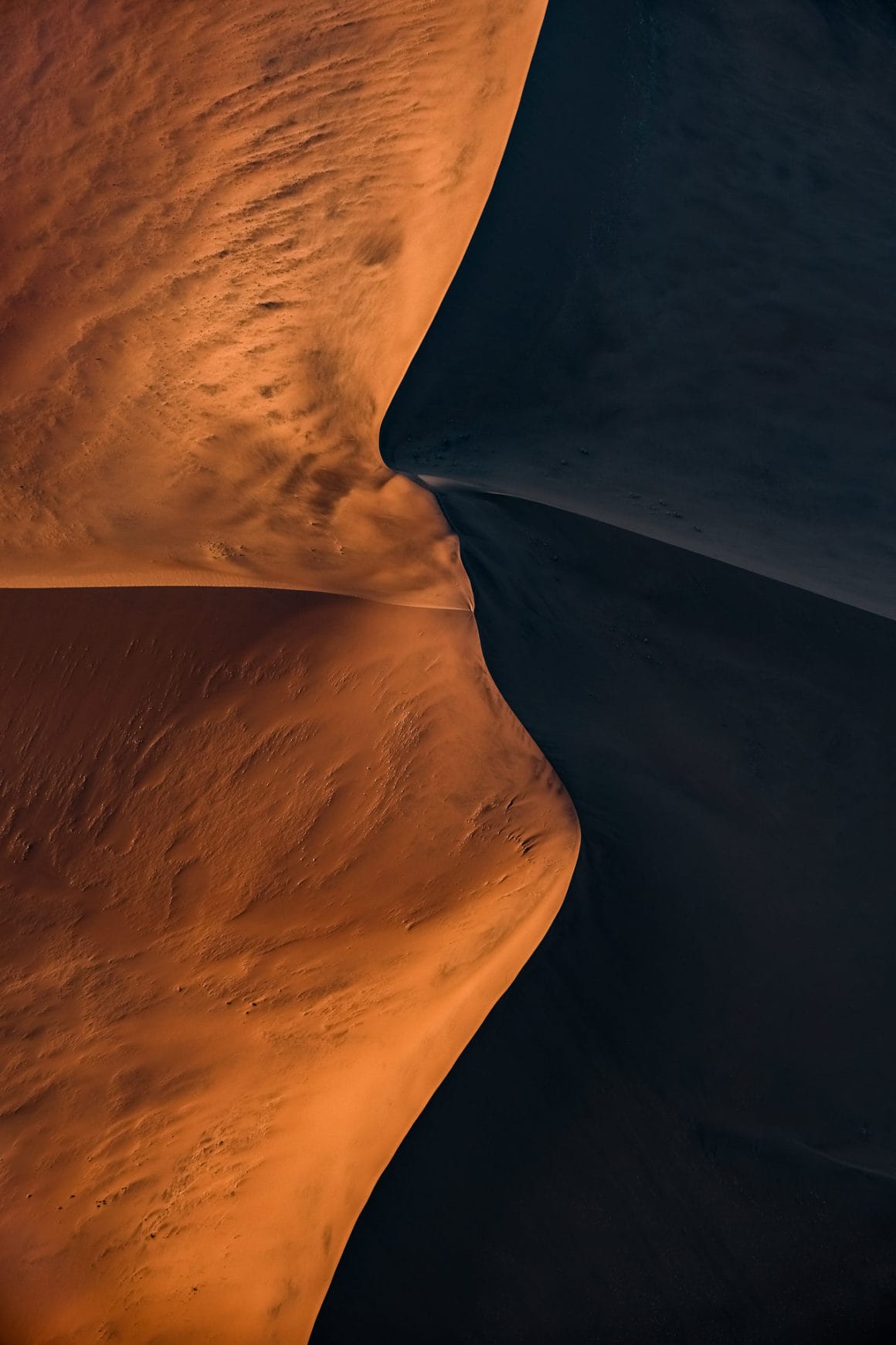 Dunes de sable de Namibie aux allures de lignes droites éclairées par le soleil couchant