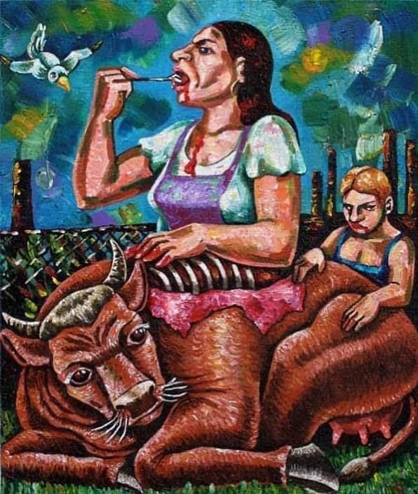 Peinture d'une femme mangeant un boeuf par Anne Van Der Linden