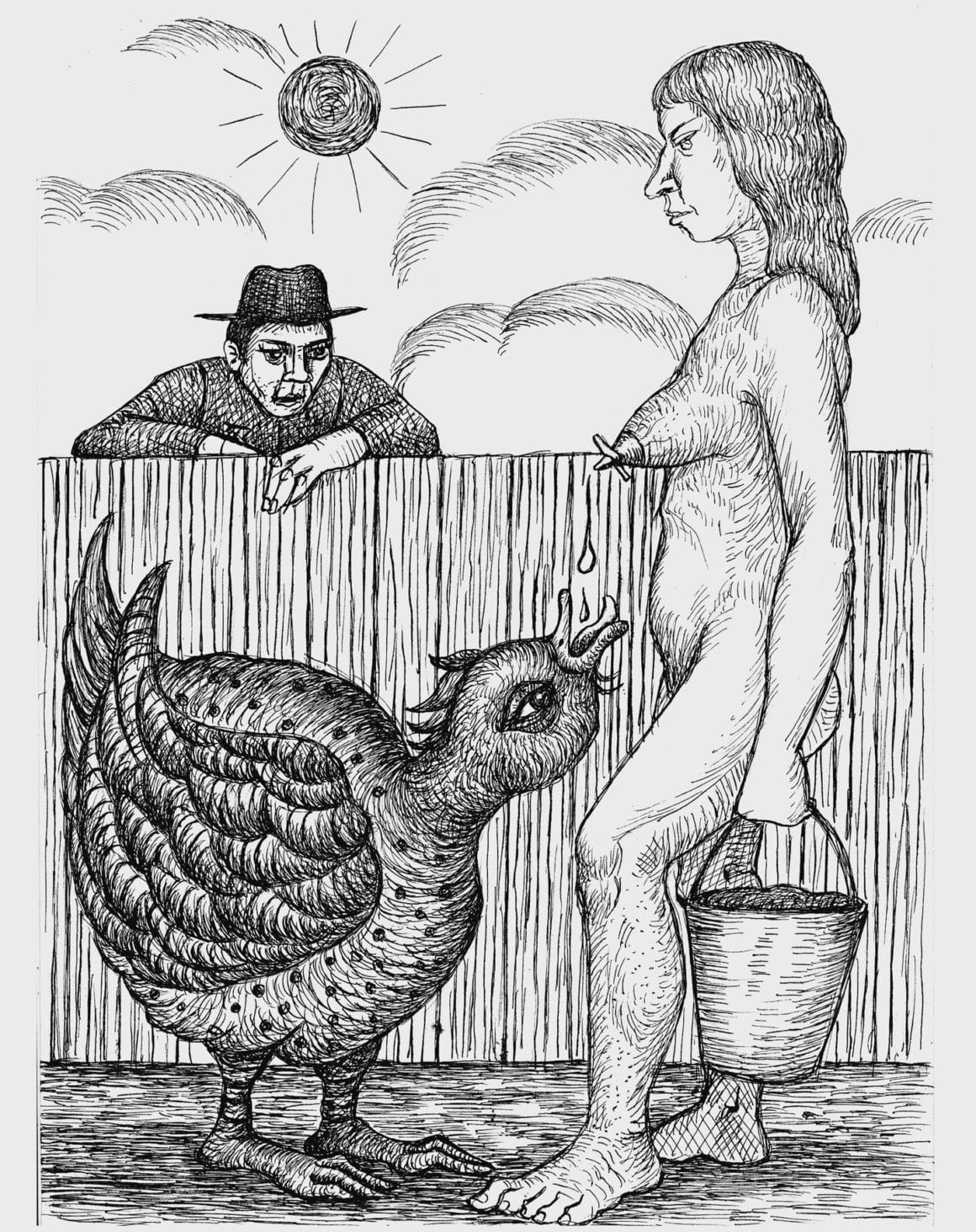 Dessin d'une femme donnant le sein à une poule par Anne Van der Linden