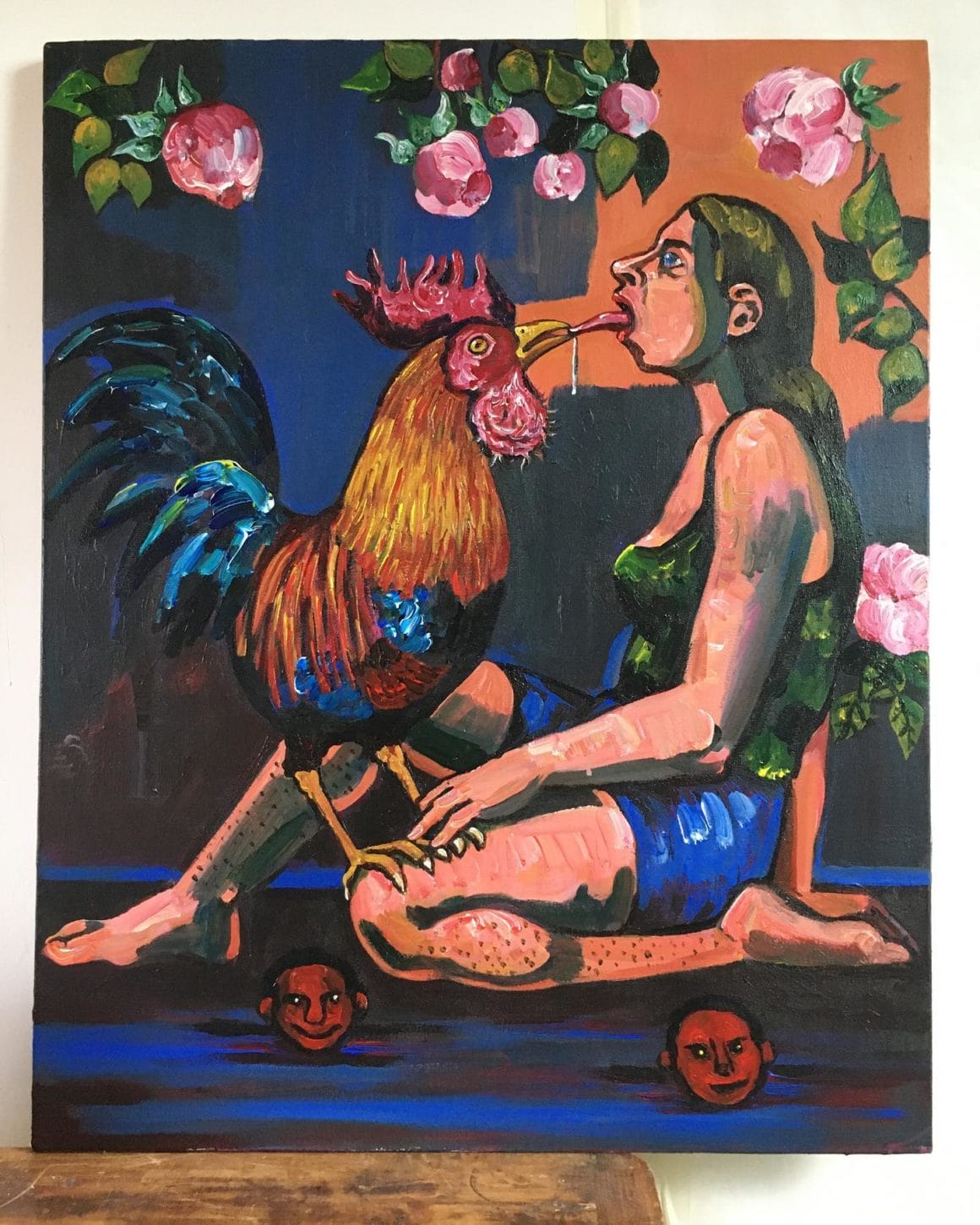 Peinture d'un coq et d'une femme nue par Van Der Linden