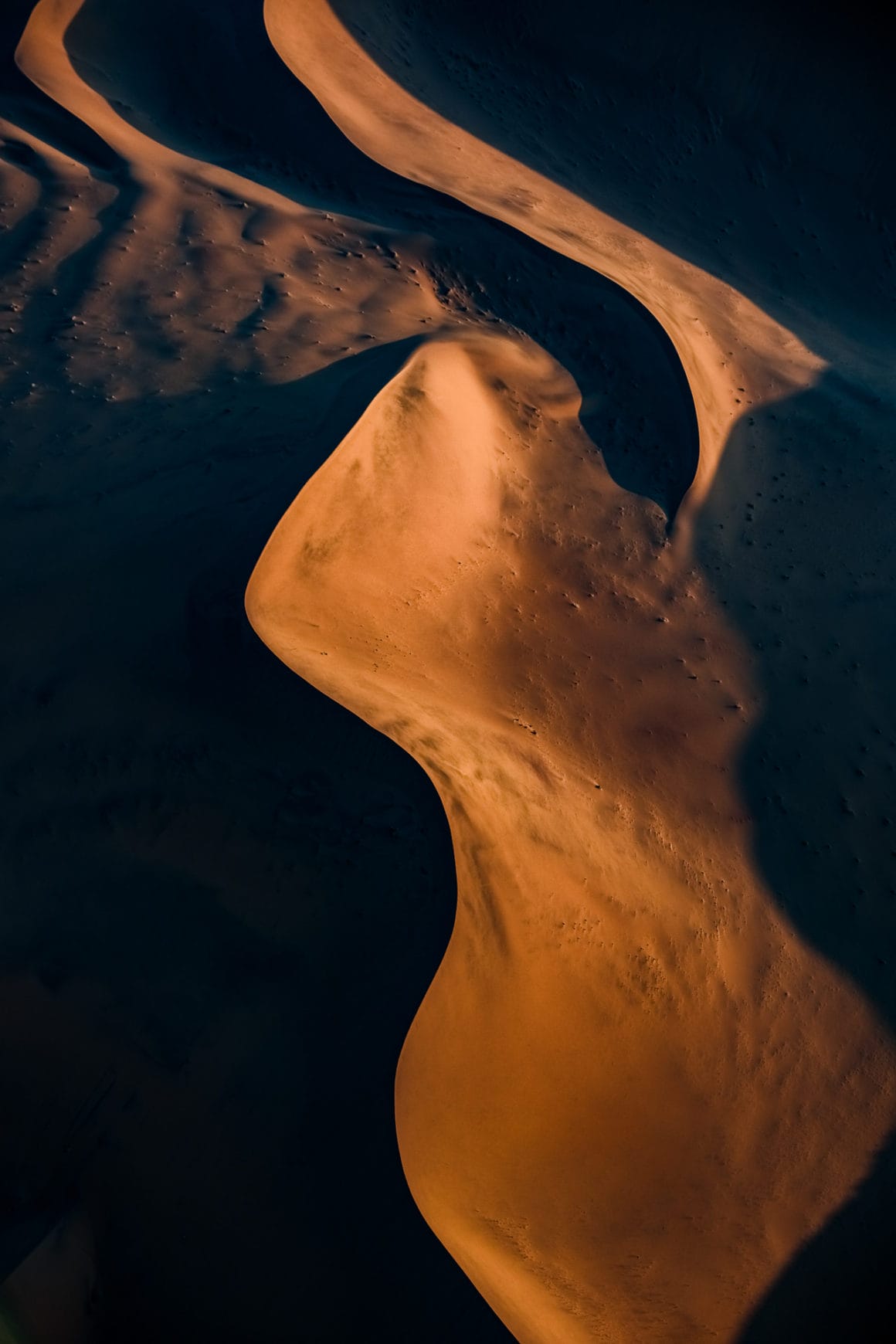 Dunes de sable de Namibie aux allures de courbes féminines éclairées par le soleil couchant