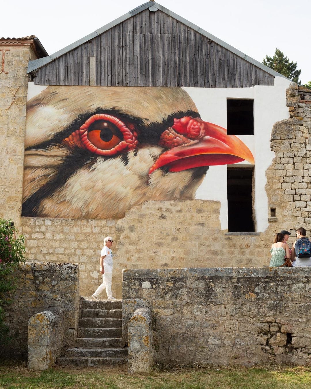 Wall fresco by Adèle Renault representing a red-billed sparrow