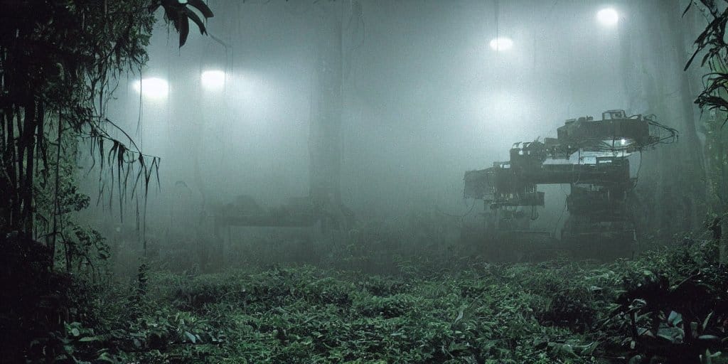 Image futuriste d'une forêt brumeuse avec des machines.