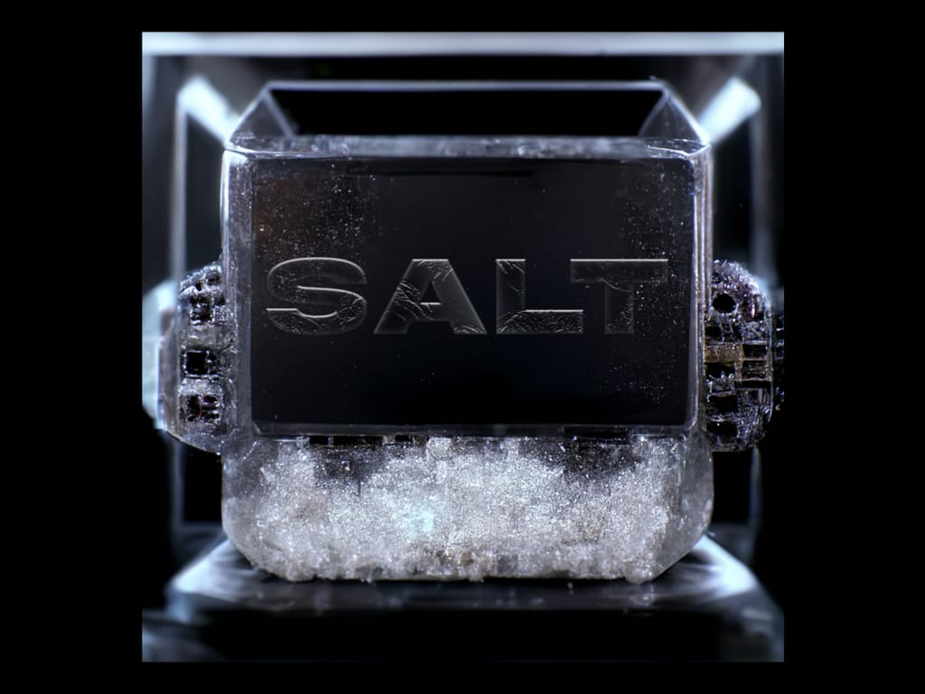 Image abstraite futuriste d'un bloc en métal muni d'une inscription "SALT"