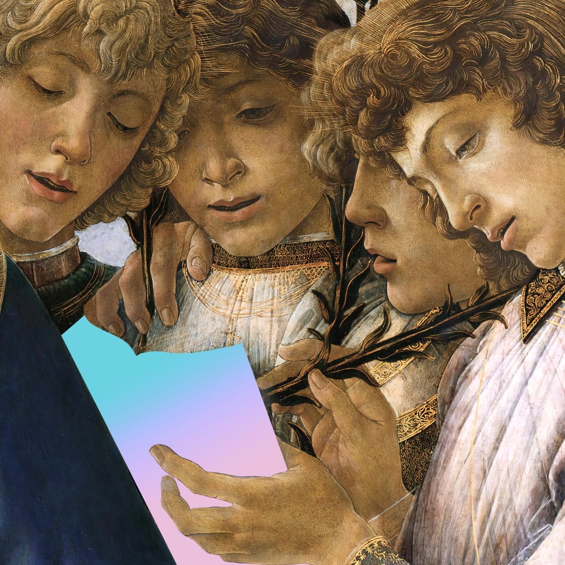 Pochette du nouvel album de Phoenix représentant quatre hommes peint comme issus de la mythologie grecque en train décrire dans un livre bleu dégradé violet