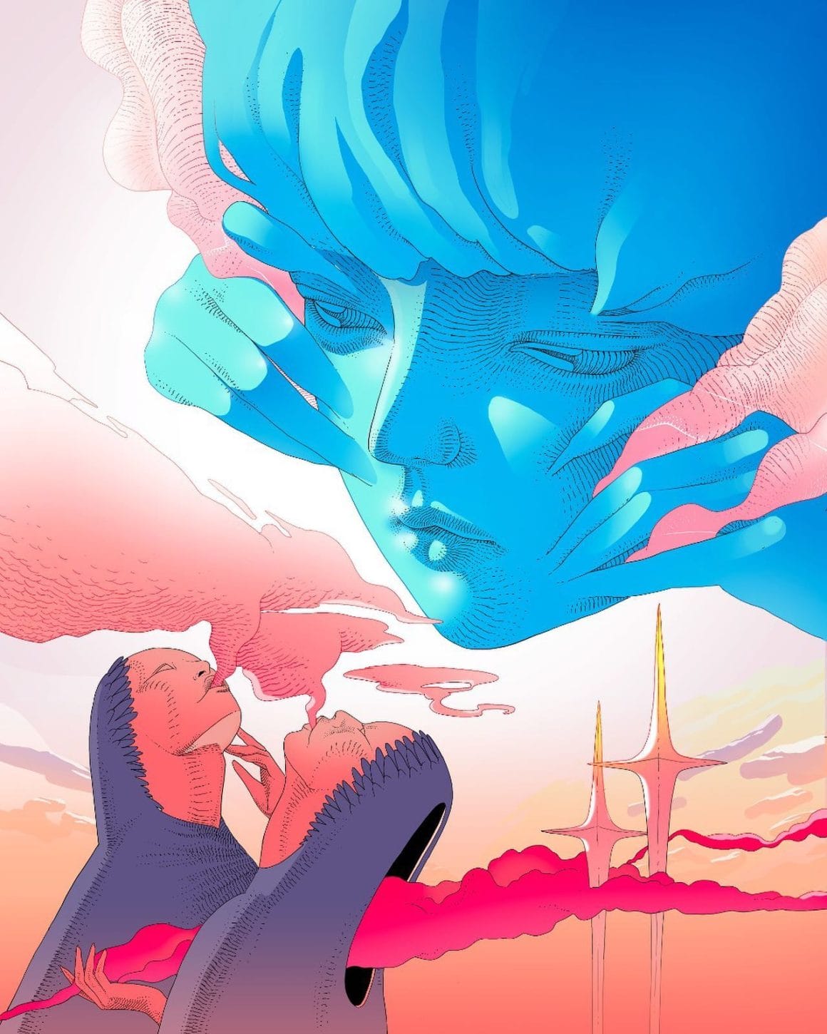 Oeuvre virtuelle représentant le visage géant d'une femme bleue sortant des cieux. Elle observe deux femmes jumelles en train de fumer les nuages roses