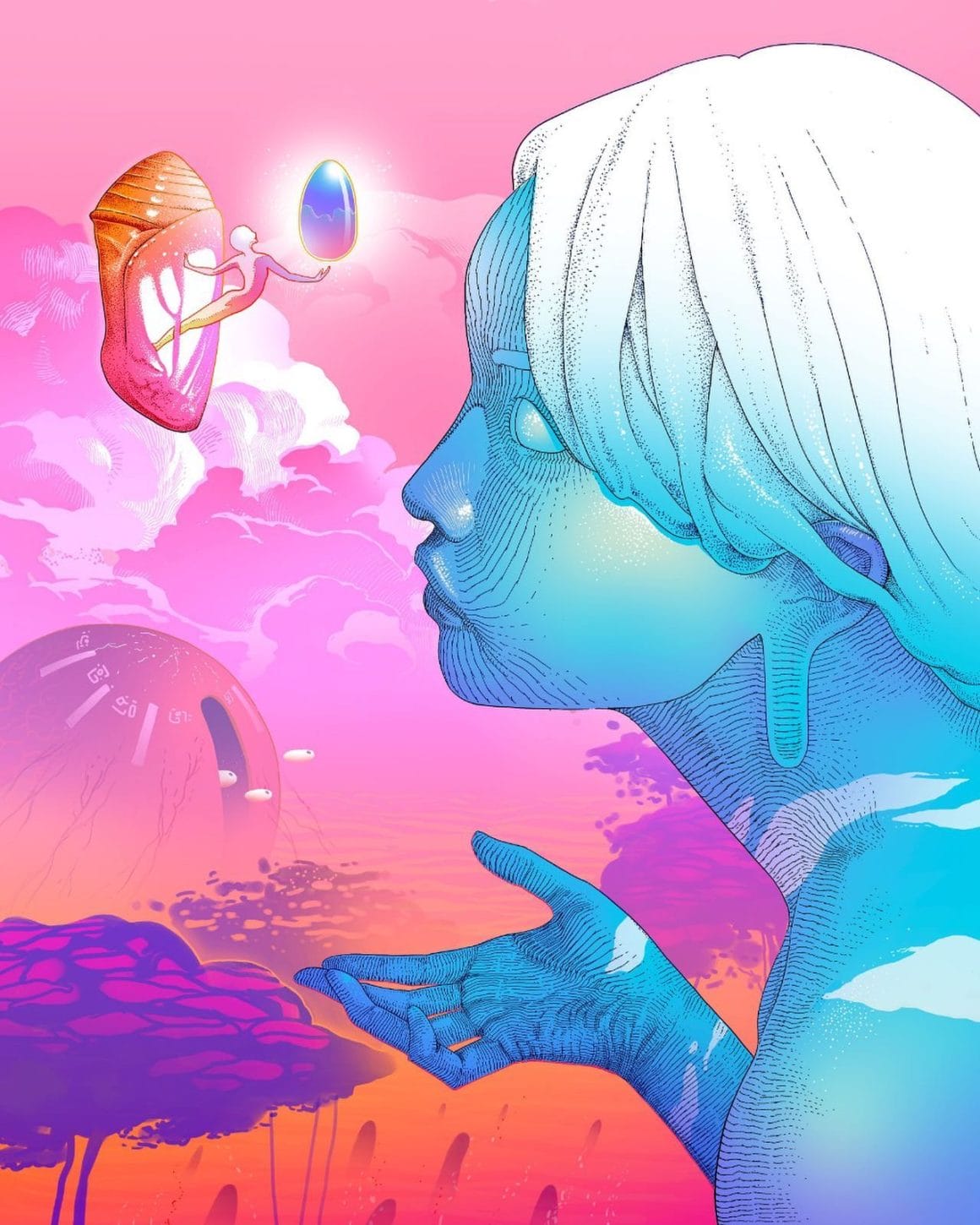 Oeuvre virtuelle d'une géante femme à la peau bleue et aux cheveux blanc. Elle observe une petite créature flottant dans un coquillage et tenant un oeuf coloré 