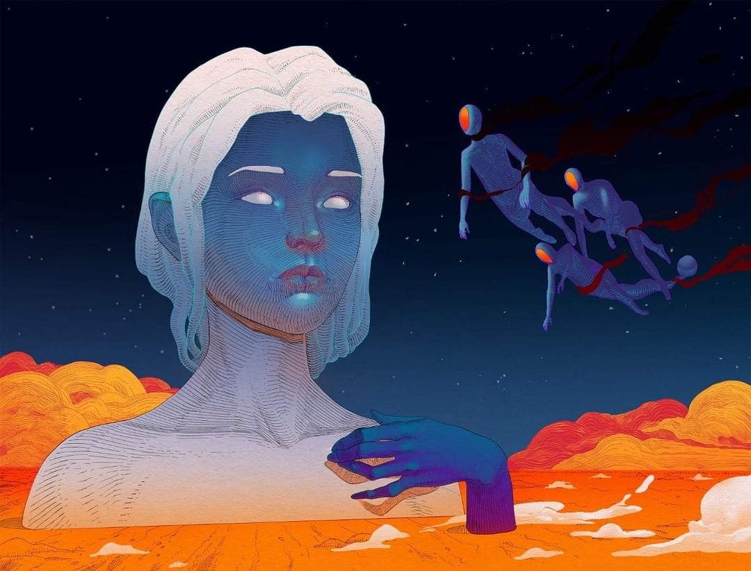  Oeuvre virtuelle d'une femme gigantesque aux cheveux blancs, et à la peau bleue. Elle est délicatement plongée dans un lac perdu quelque part dans l'espace, à la couleur orange chatoyante. Autour d'elle trois créatures délaissées de visage flottent autour d'elle de manière curieuse. 