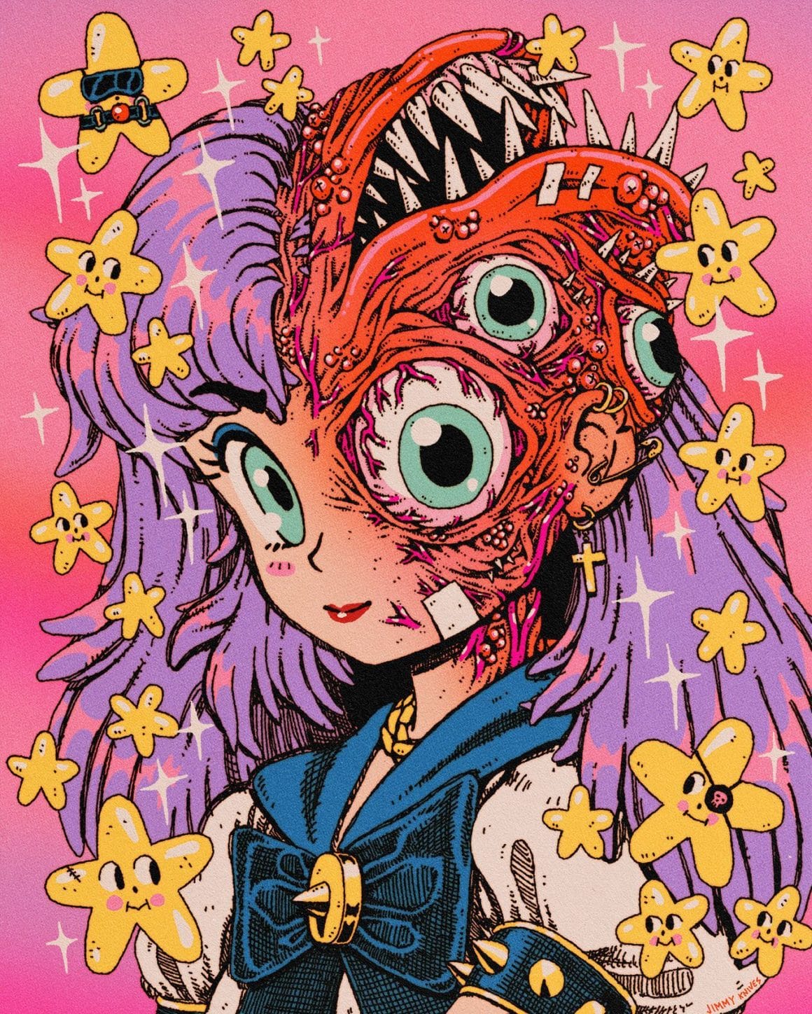 Illustration d'une fille dans le style animé aux cheveux violets et aux grands yeux. À gauche de sa tête se trouve un horrible poisson qui vient déformer son visage.