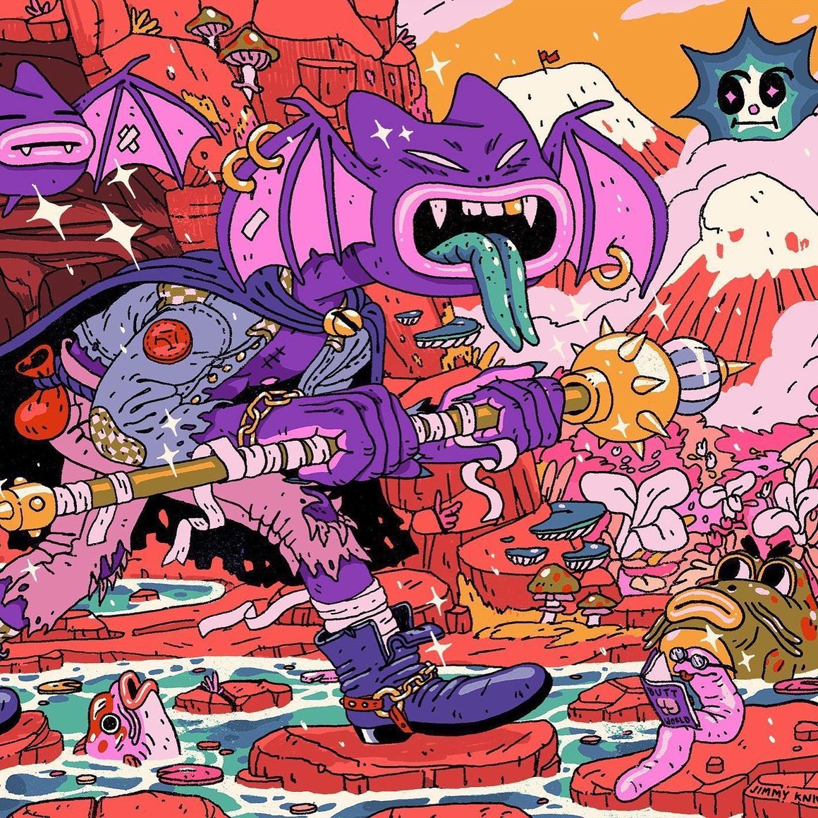 Illustration psychédélique représentant un dragon avec un corps d'humain et une tête de chat violet. Il marche dans un monde rempli de couleurs, de champignons et de créatures étranges.